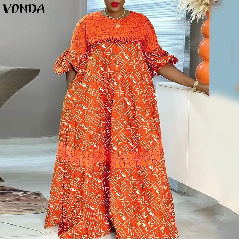5XL Women Party Dress Plus Size VONDA Vintage Sundress 2025 Casual Loose Lace Patchwork Robe Fashion Half Sleeve Vestidos