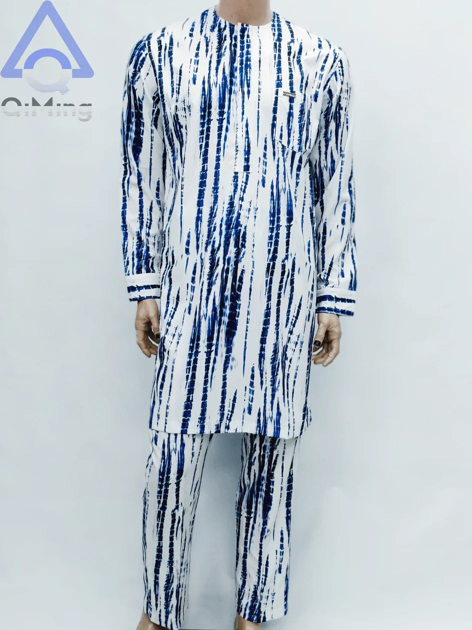 African Muslim Men's Fashion Clothing 2 Pieces White Color-Blocking Tie-Dyeing Printing Modern Prayer Moroccan Islamic Dress