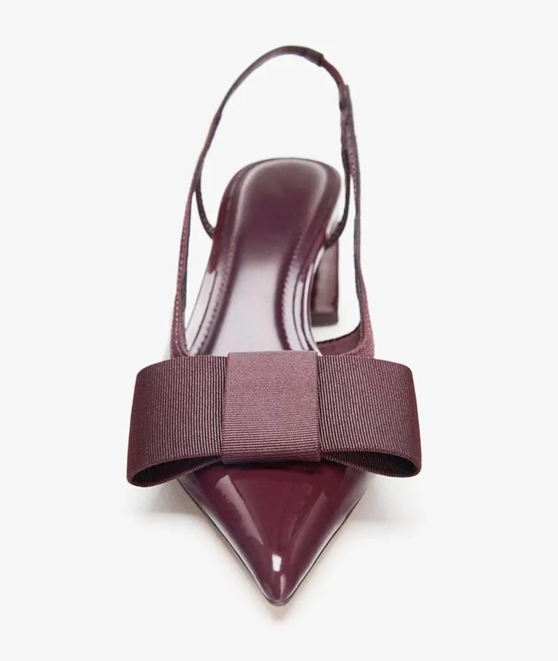 Sexy Burgundy Patent Leather Pointed Toe Pumps Women Fashion Bow Slingback Brand Designer Shoes Elegant Cozy Banquet Dress Shoes
