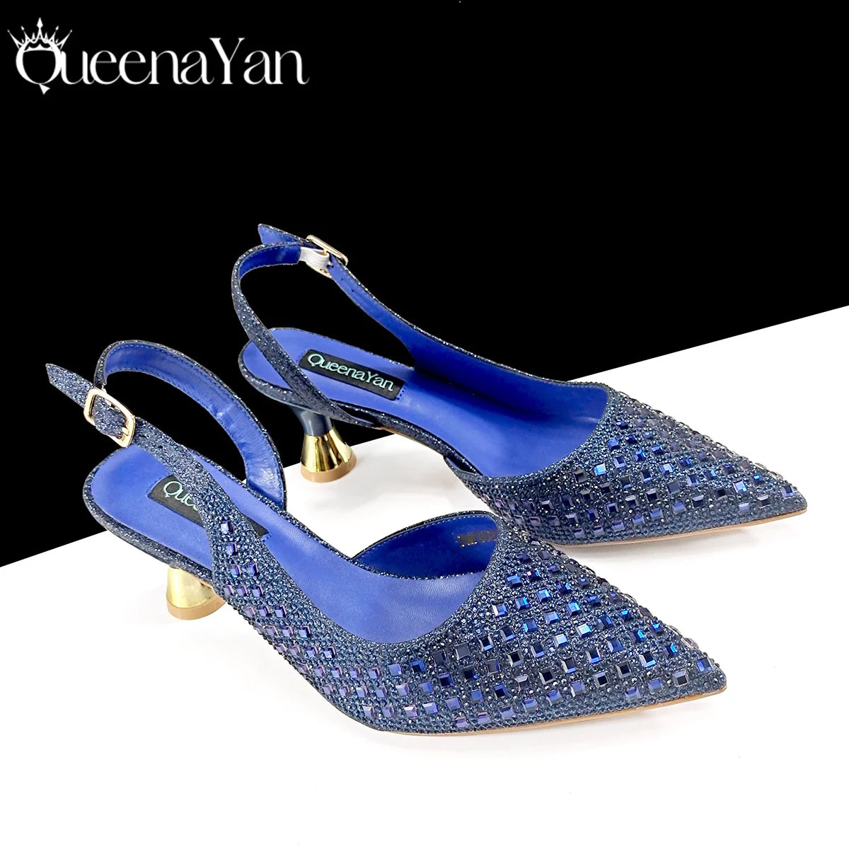 Queena Yan 2025 Italian Design Rhinestone Luxury Navy Blue Pointed Toe Shoe & Bag Set Women High Heels for Parties High Quality