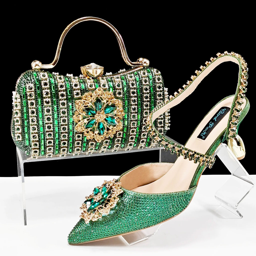 African Special Banquet Elegant Style Silver Color Party Wedding Pointed Toe  Heel Women Shoes and Bag Set With Rhinestone