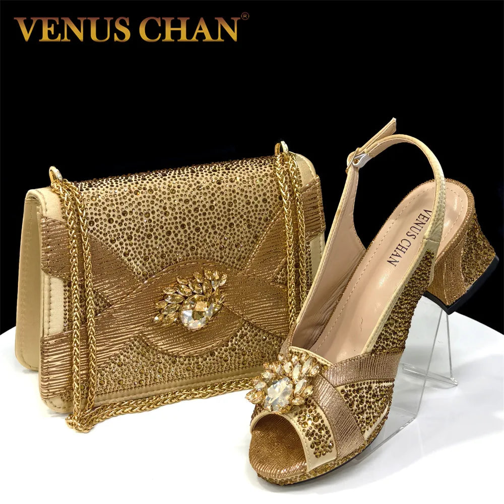 Venus Chan Elegant 2025 Gold Peep-Toe Heels with Diamond Accents - Italian Matching Pumps and Bag Set for Parties