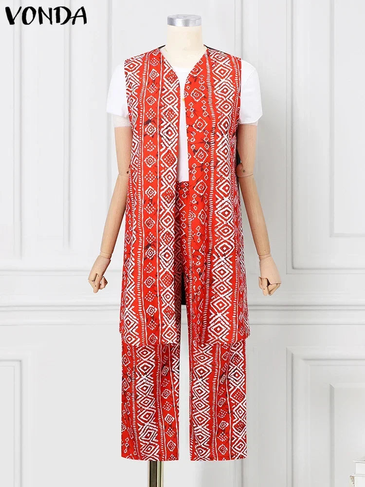 VONDA Plus Size Women Sexy Sleeveless Wide Leg Pants Sets 2024 Summer Vintage Tops Sets Bohemian Printed Suits Elegant Outfits