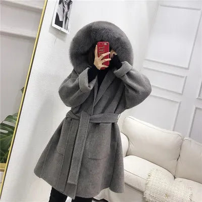 2024 New Oversize Ladies Outerwear Real Fur Coat Winter Jacket Women Natural Fox Fur Collar Cuffs Hood Cashmere Wool Woolen
