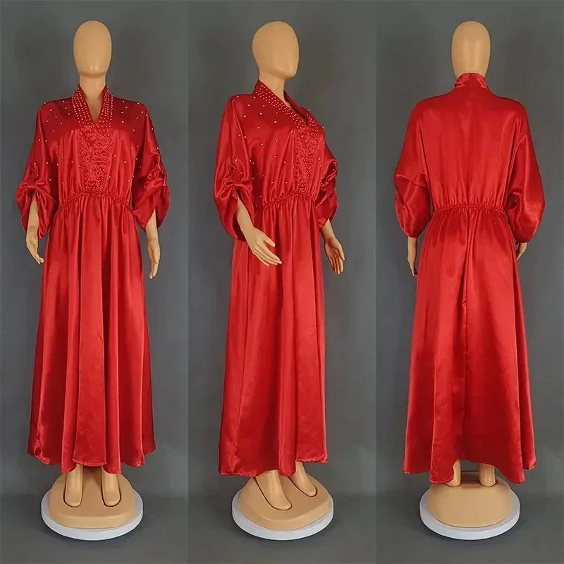 Women Elegant Shiny Satin Loose Party Dress V Neck Beading High Waist Long Gowns Formal Celebrate Evening Event Birthday Robes