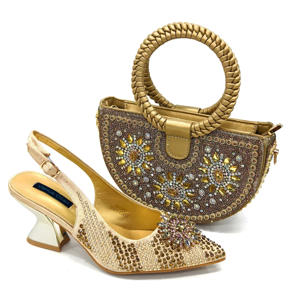 2024 New Designer Specials Italian Women Heels Shoes and Bag Set Royal Purple Color Comfortable With Rhinestone for Party