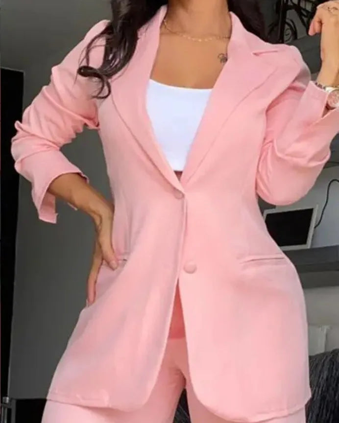 Women Pant Sets Two Piece Set Pants Turn Down Collar Single Breasted Tracksuit Outerwear Ankle Length Straight Pockets Loose