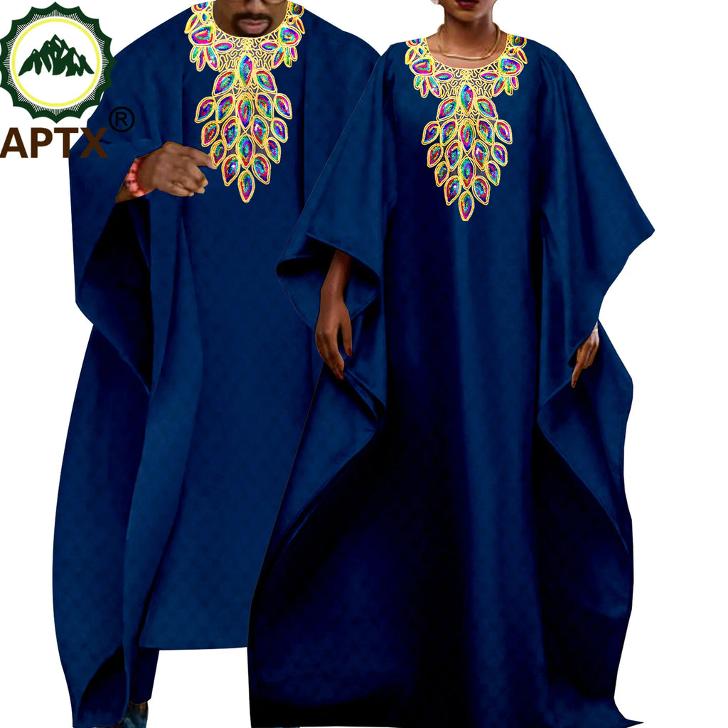 African Couple Clothes Men Embroidery Robe Shirt Pants 3 Pieces Set Women Dress V-neck Ankara Riche Attire Causal Wear T23C006