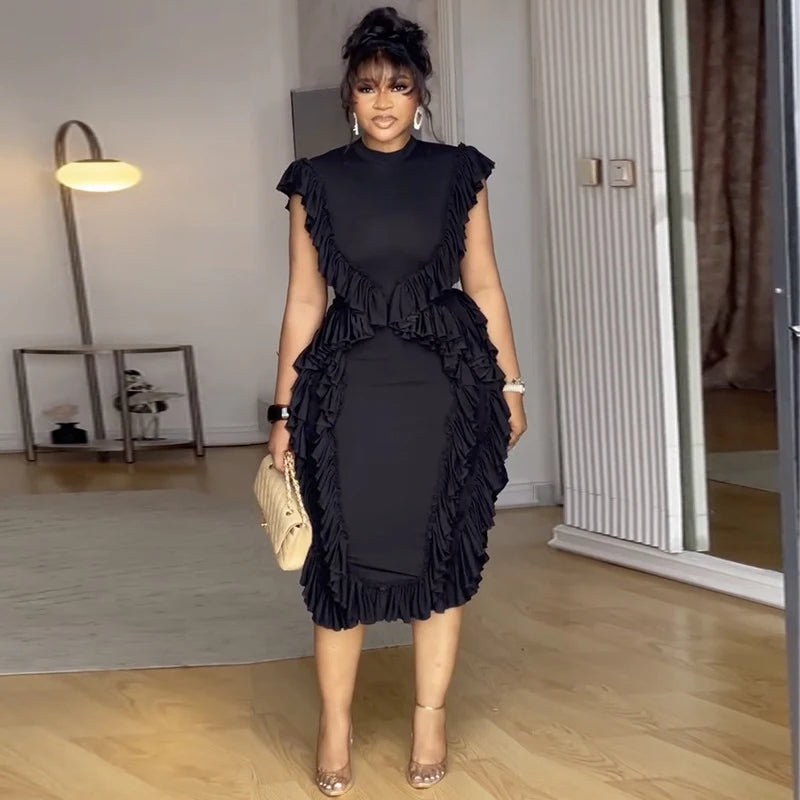 Elegant Women Summer Ruffles Dress Sleeveless Bodycon Round Neck Casual Vintage Slim Evening Party Club Midi Dresses