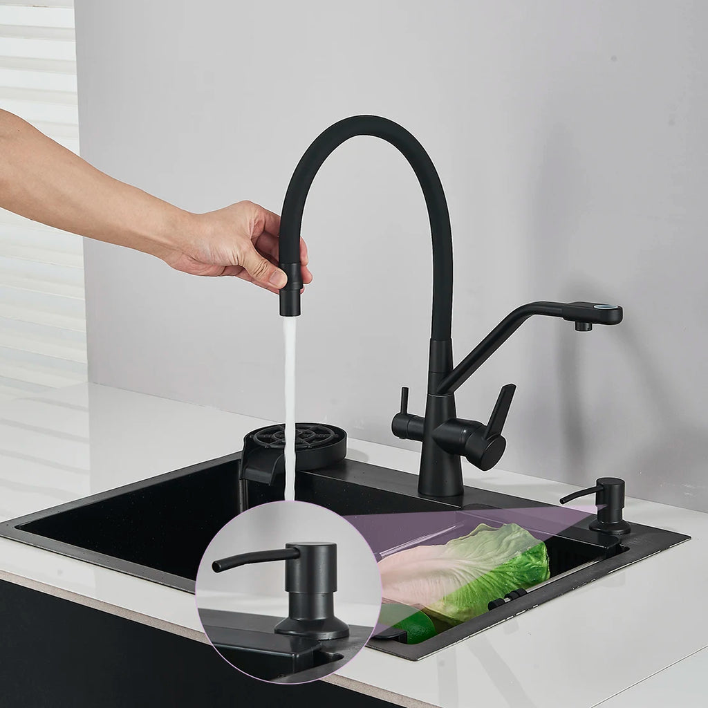 Matte Black 304 Stainless Steel kitchen Sinks Cold And Hot Water Mixer With Soap Dispenser And Cup Disher