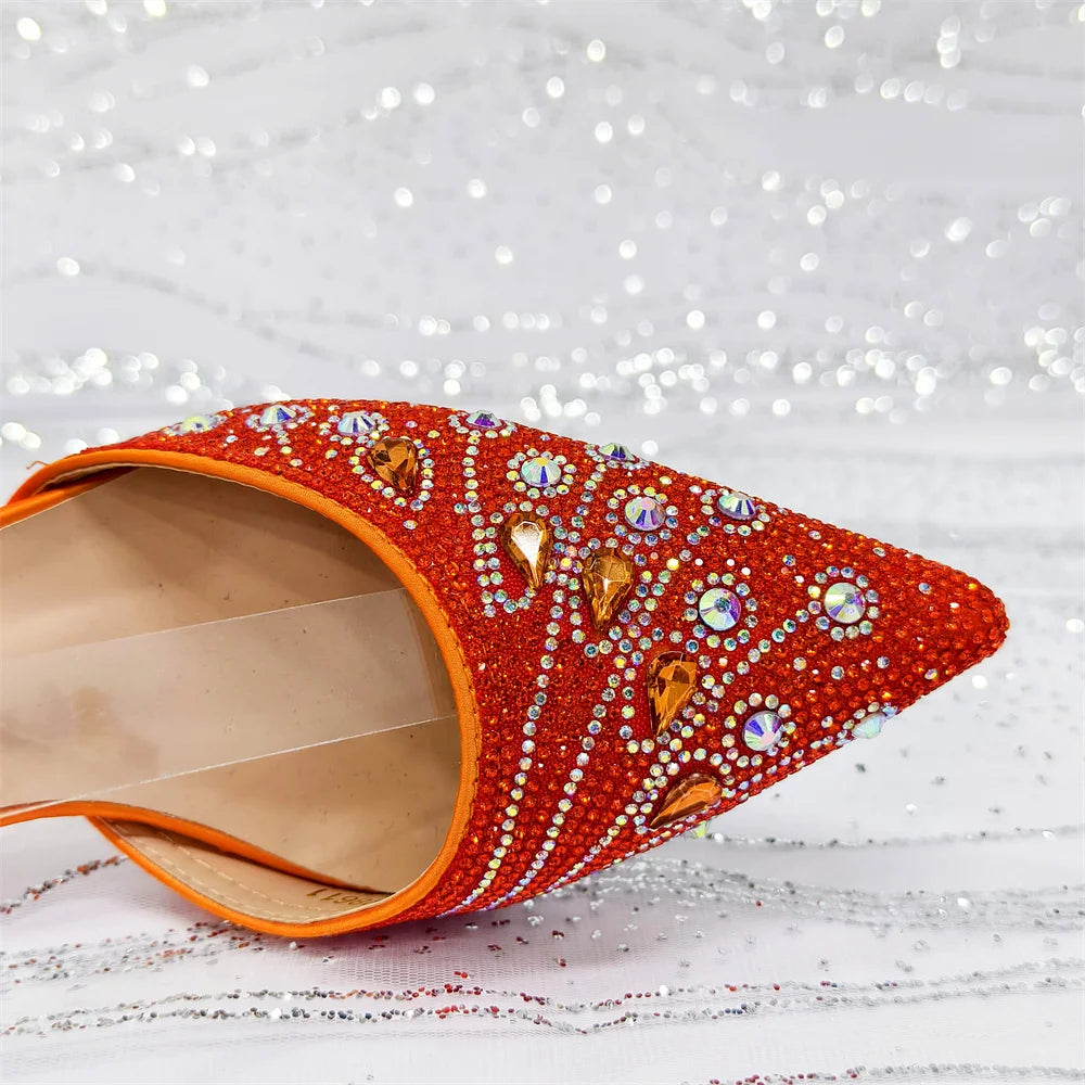Elegant Italian Rhinestone Pointed-Toe High Heel Shoes with Matching Handbag Set - Stylish & Comfortable Women's Footwear