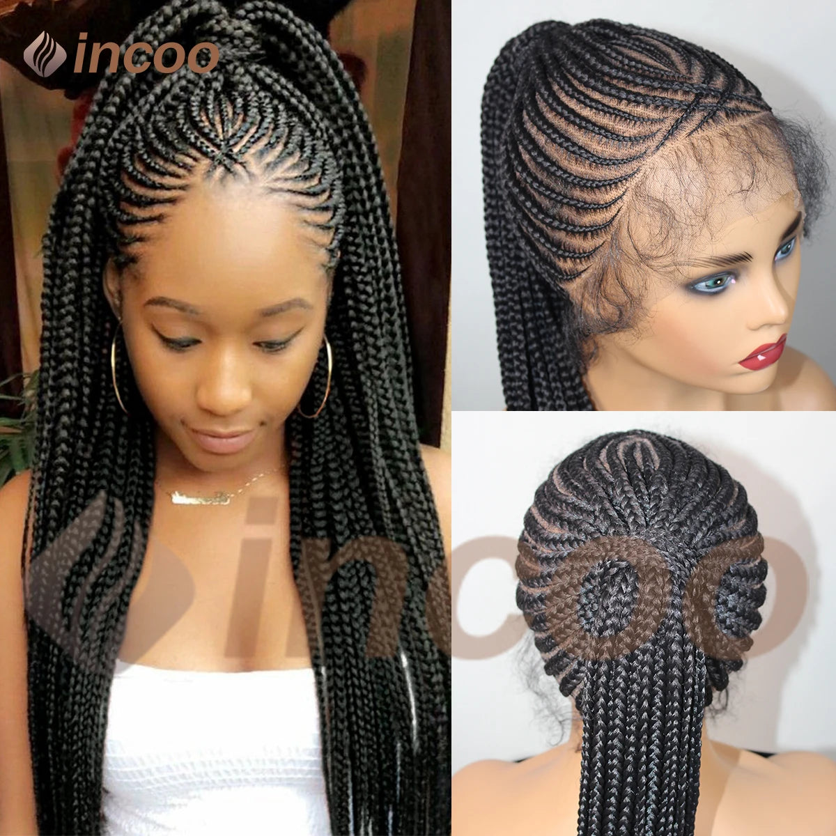 30" Synthetic Updo Braided Wigs Super Lightweight Full Lace Wig Knotless Ponytail Box Braids Wig For Women With Baby Hair