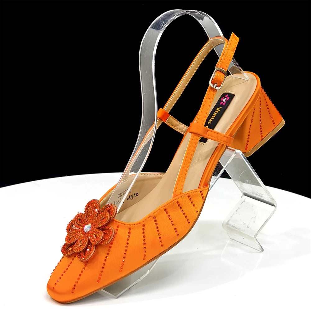 Venus Chan Italian Fashion Women's Elegant Orange Heels & Rhinestone Clutch Bag Set – Perfect for Parties and Special Occasions