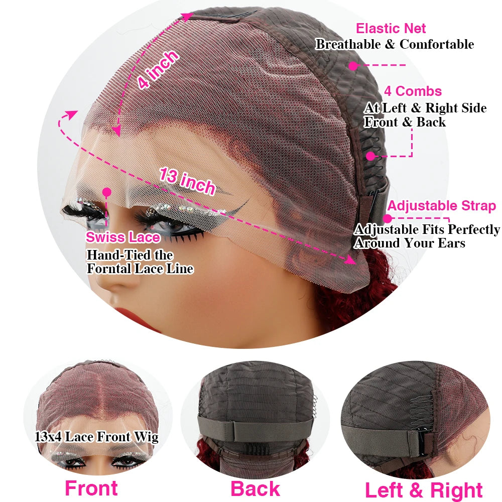 99J Burgundy Bob Wig Human Hair 14 Inch Preplucked Prebleached 13x4 HD Lace Front Wigs 200 Density Short Bob Straight Human Hair