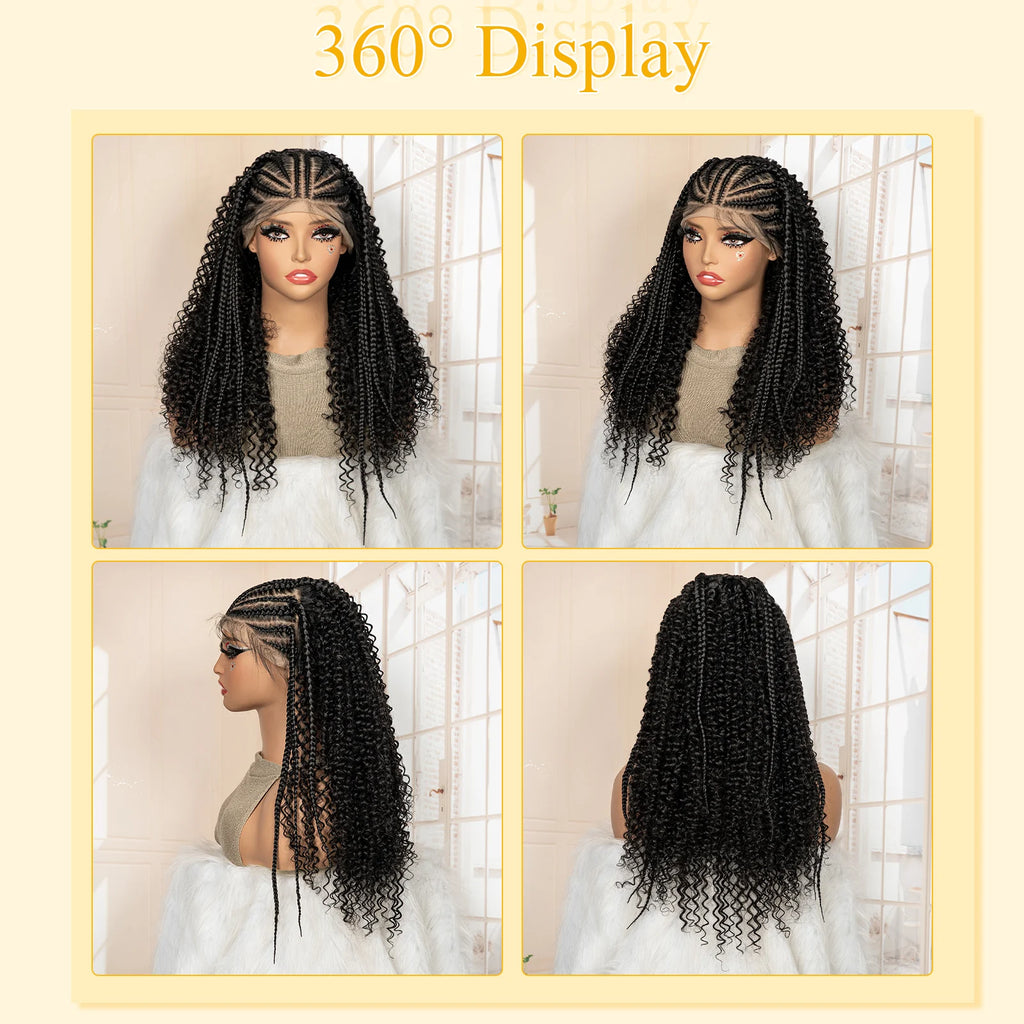 13x6 Lace Frontal Synthetic Braids Wig 22 Inches Cornrow Braided Wig with Curly Handmade Knotless Braiding Wig for Black Women
