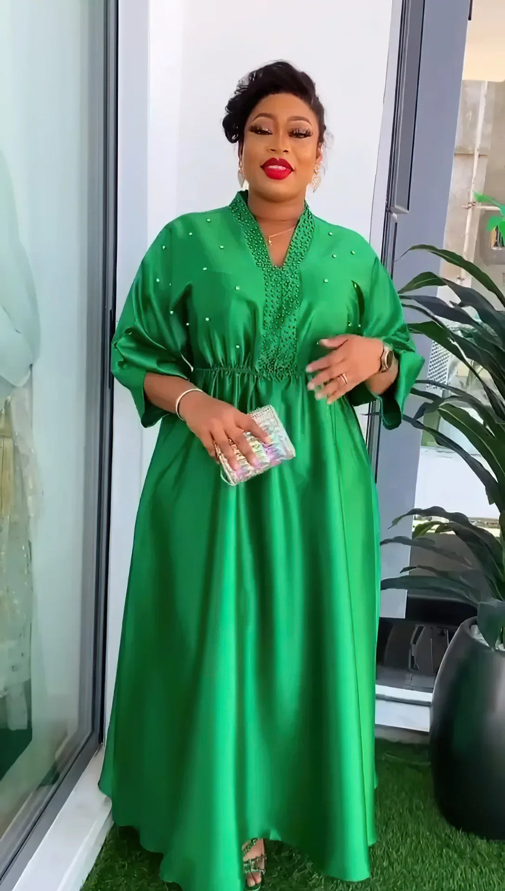 Women Elegant Shiny Satin Loose Party Dress V Neck Beading High Waist Long Gowns Formal Celebrate Evening Event Birthday Robes