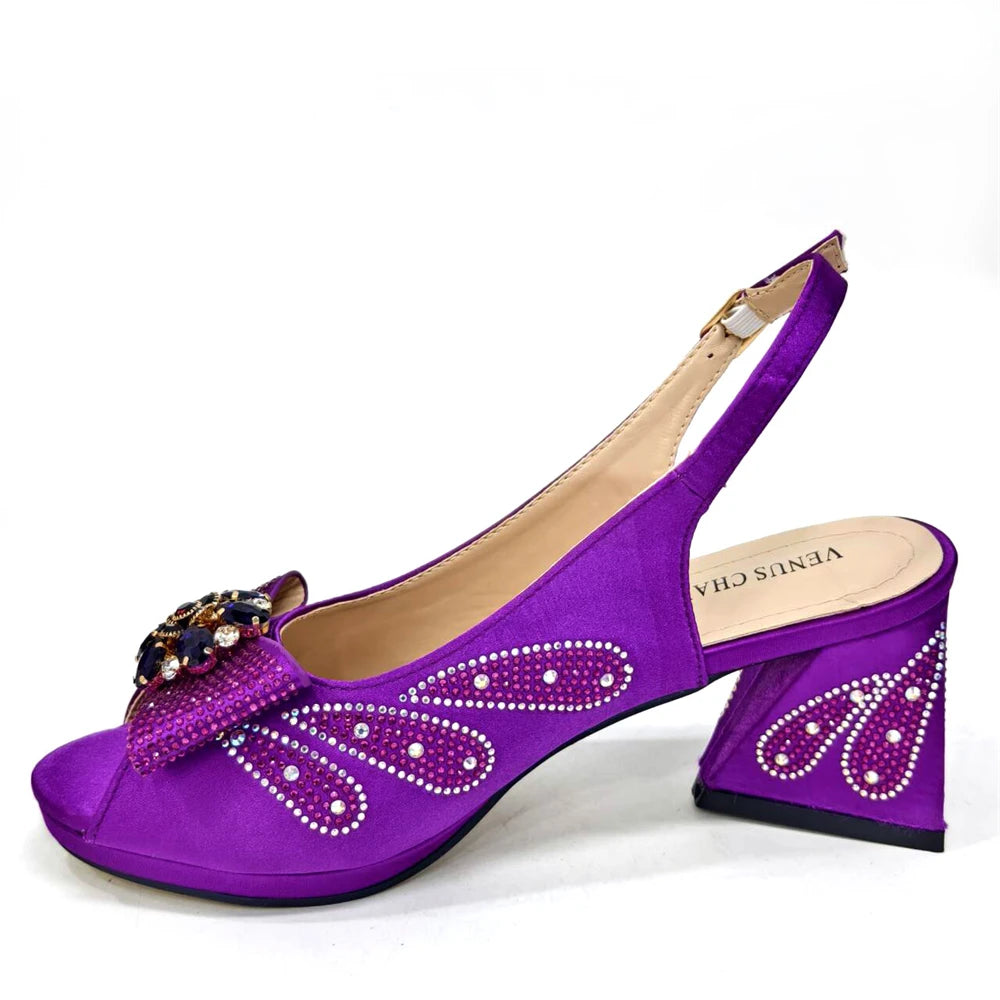 Venus Chan Italian Shoes and Bags Matching Set 2024 Peep Toe High Heels Peach Colour Bow Rhinestones Women Shoes for Party