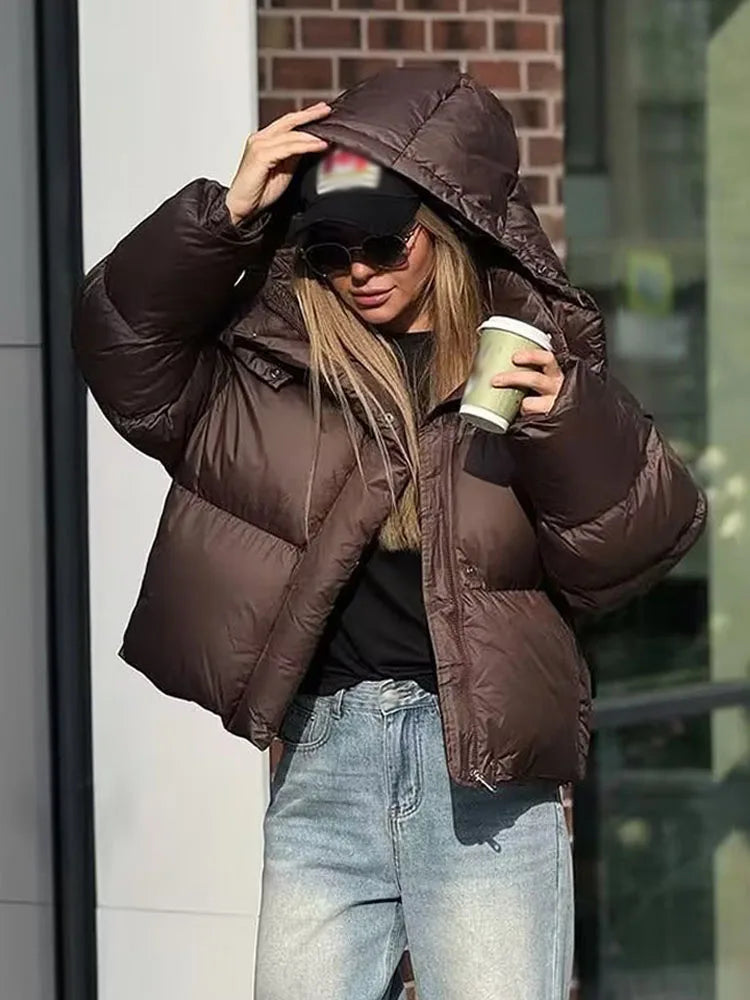 HH Female Winter Casual High Collar Warm Jackets Solid Hooded Long Sleeve Buttons Zipper Woman's New Fashion Loose Coats 2 Color