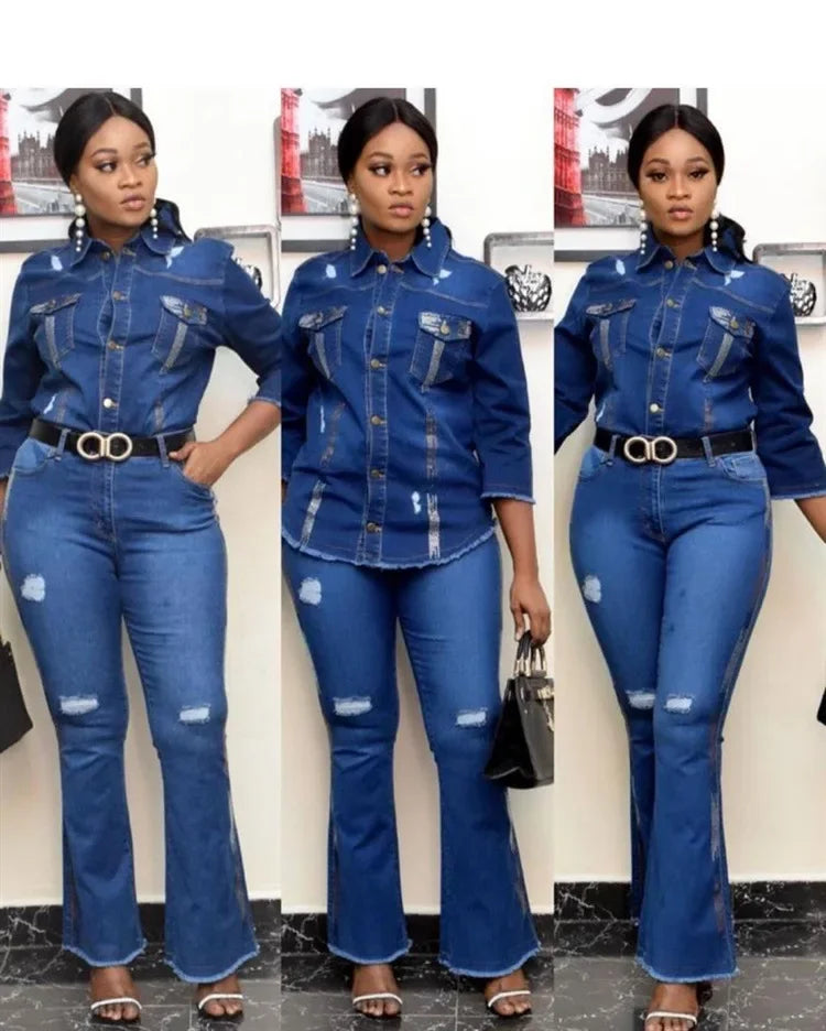 Two Piece Set Women Cowboy Suit Jean Jacket Single Breasted Turndown Collar Hole Flare Pants Female Outfits Casual Ensemble