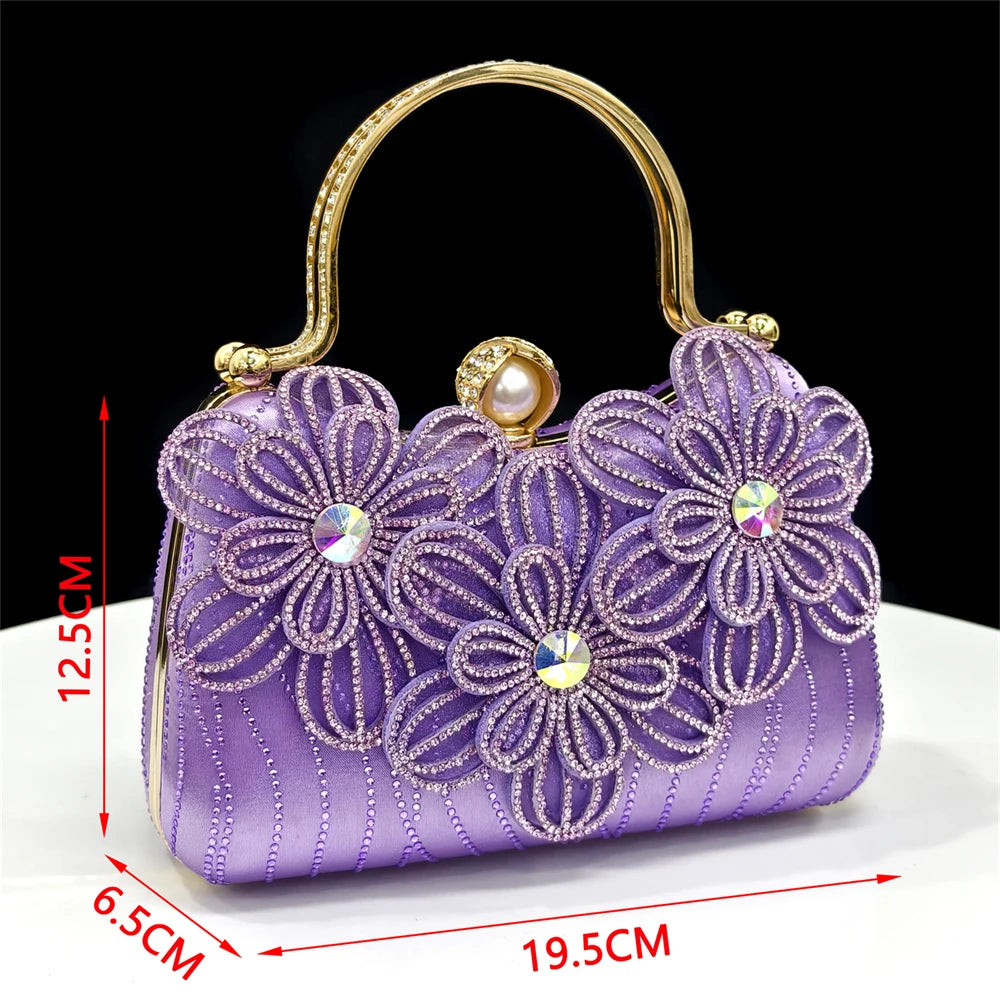 2026 New Elegant Italian Women's Black Heels with Rhinestones and Floral Accents & Matching Clutch Bag Set – Ideal for Parties