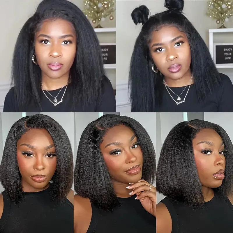 Glueless Wig Human Hair Kinky Straight Bob Wig Lace Front Human Hair Wigs For Women HD Transparent Full Lace Frontal Wig Yaki