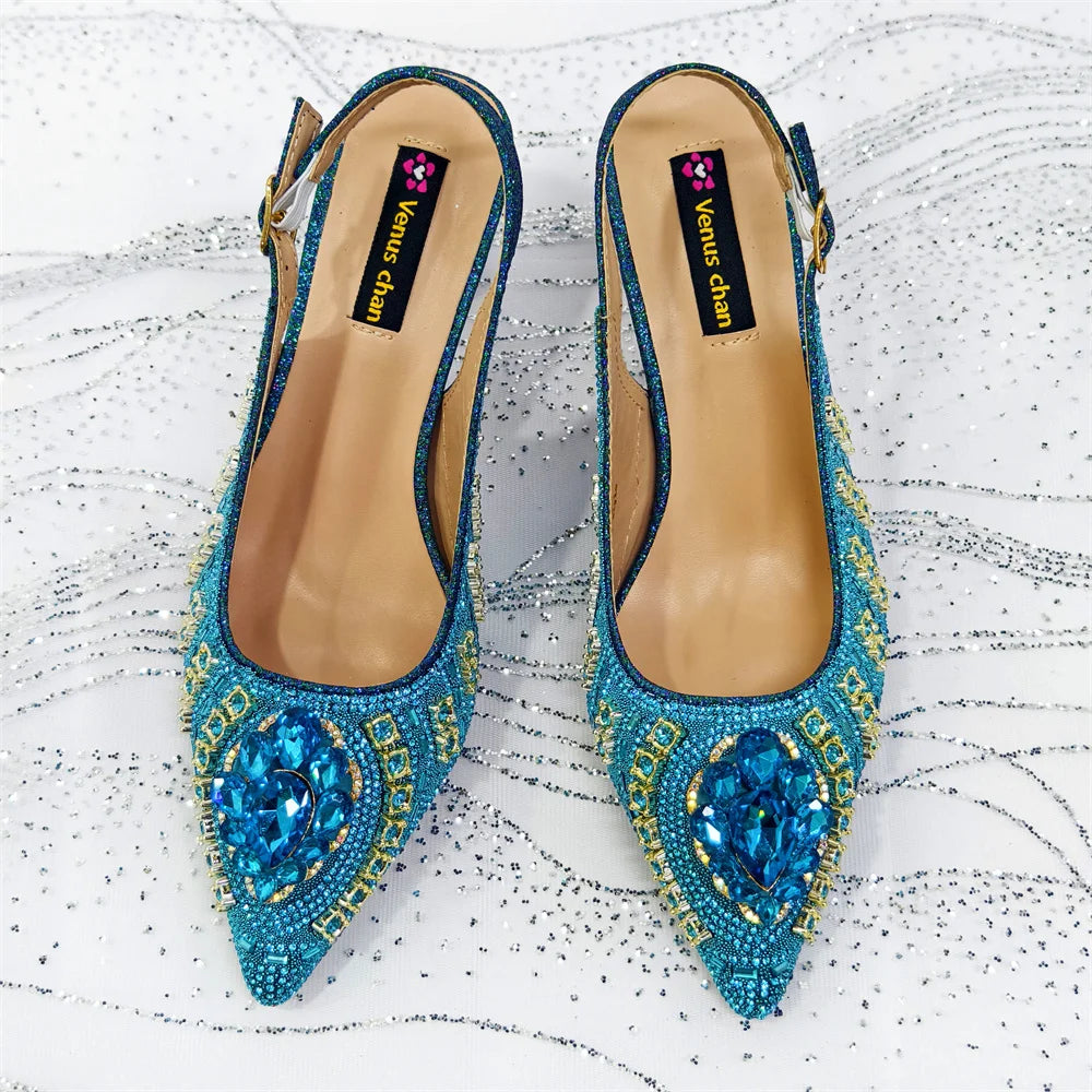 Venus Chan 2025 Elegant Rhinestone Pointed Toe Pumps With Matching Bag Set Large Size shoes Big Bag for Women's Party High Heels