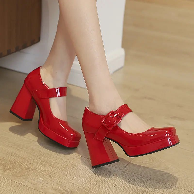 Size 33-48 Patent Shiny PU Leather Lady Office Pumps Wide Buckle Strap Platform Mary Janes Shoes Spring Fall Block Chunky Heels