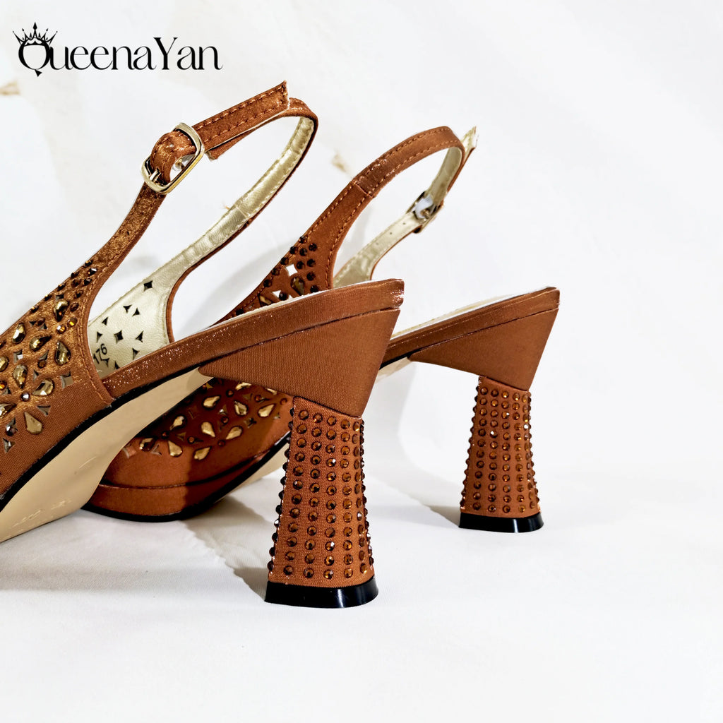 2025 Elegant Nigerian Style Women's Peep Toe Heel Shoes With Matching Handbag Set Stunning Orange Brown for Weddings and Parties