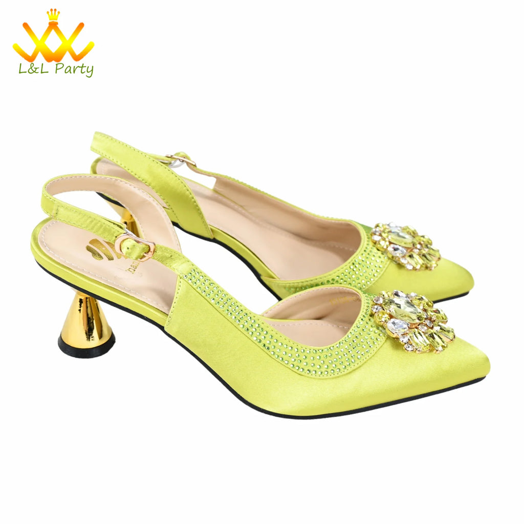 Shinning Crystal New Arrivals Comfortable Mid Heel Lemon Green Color Winter Newest African Shoes and Bag Set for Party