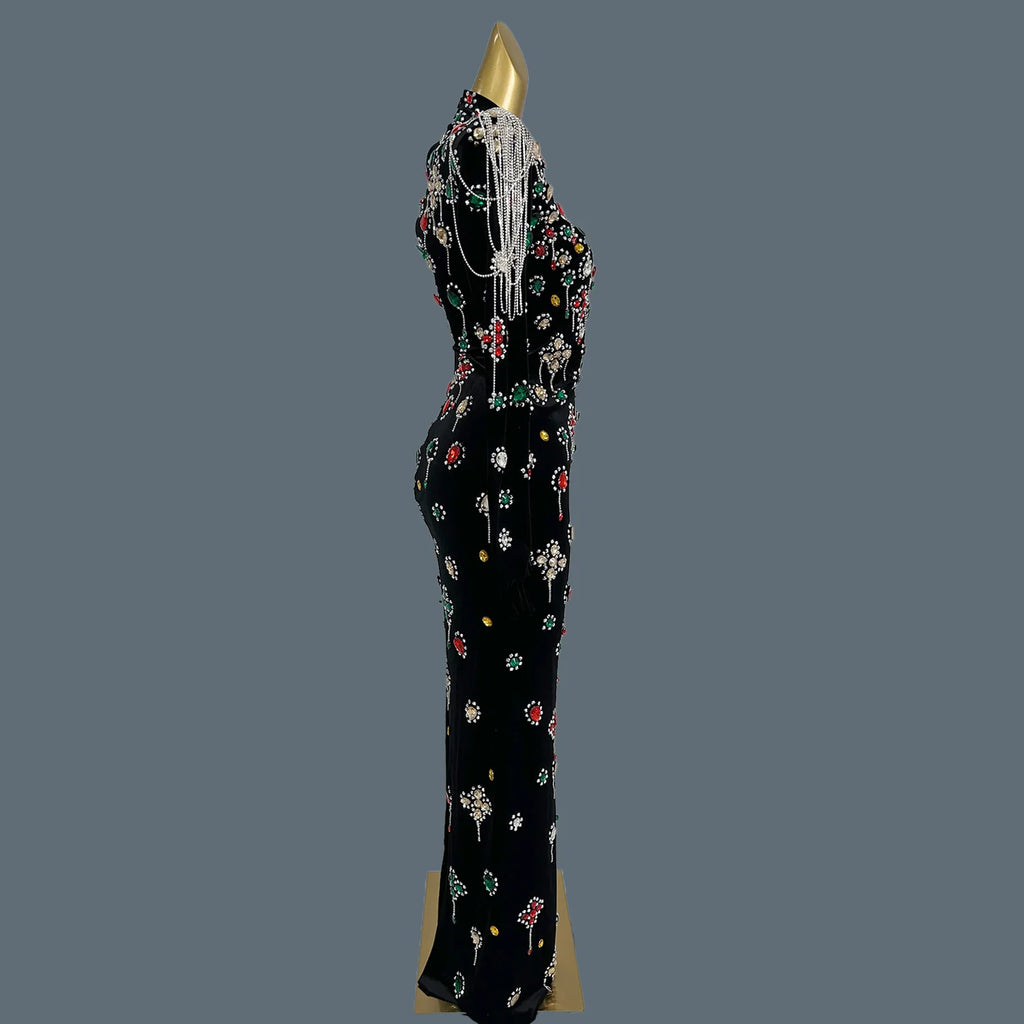 Luxury Colorful Rhinestones Prom Dress Gloves Sleeve Women Sexy Velvet Long Gowns Evening Birthday Party Costume Caihongtang