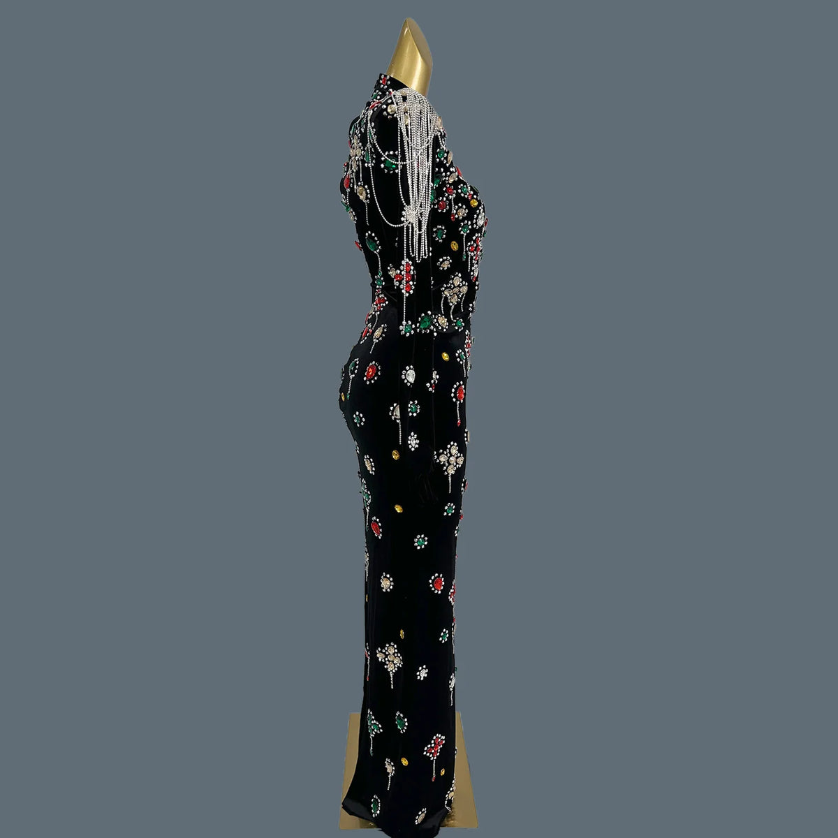 Luxury Colorful Rhinestones Prom Dress Gloves Sleeve Women Sexy Velvet Long Gowns Evening Birthday Party Costume Caihongtang