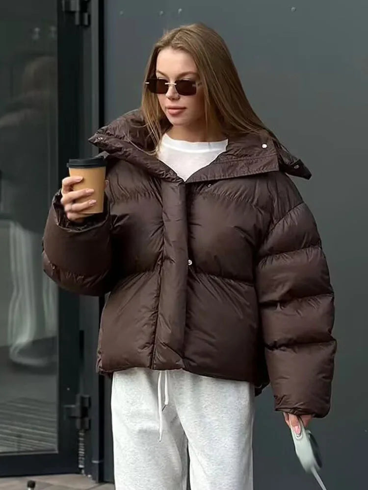 HH Female Winter Casual High Collar Warm Jackets Solid Hooded Long Sleeve Buttons Zipper Woman's New Fashion Loose Coats 2 Color