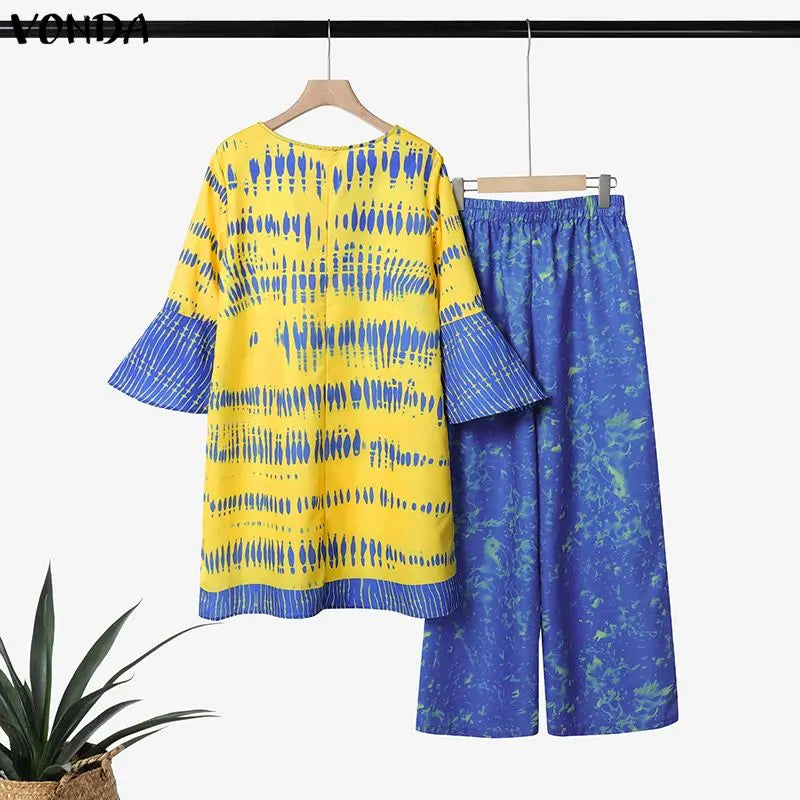 VONDA Plus Size 2PCS 5XL Women Pant Sets 3/4 Flare Sleeve Tops Long Pants Vintage Print Oversize Casual Loose 2 Piece Outfits