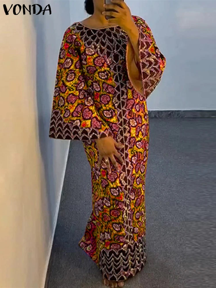 VONDA Bohemian Party Dress Elegant Women Printing Sundress Vintage Flare Long Sleeve Maxi Vestidos Oversized O-Neck Robe Femme