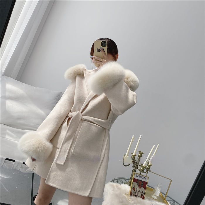 2024 New Oversize Ladies Outerwear Real Fur Coat Winter Jacket Women Natural Fox Fur Collar Cuffs Hood Cashmere Wool Woolen