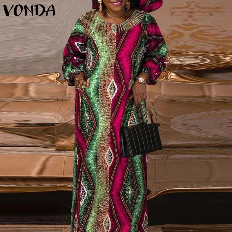 Plus Size 5XL VONDA Women Maxi Dress Bohemian Printing Long Sleeve Vestidos Vintage Sundress Casual Loose Oversized Robe Party