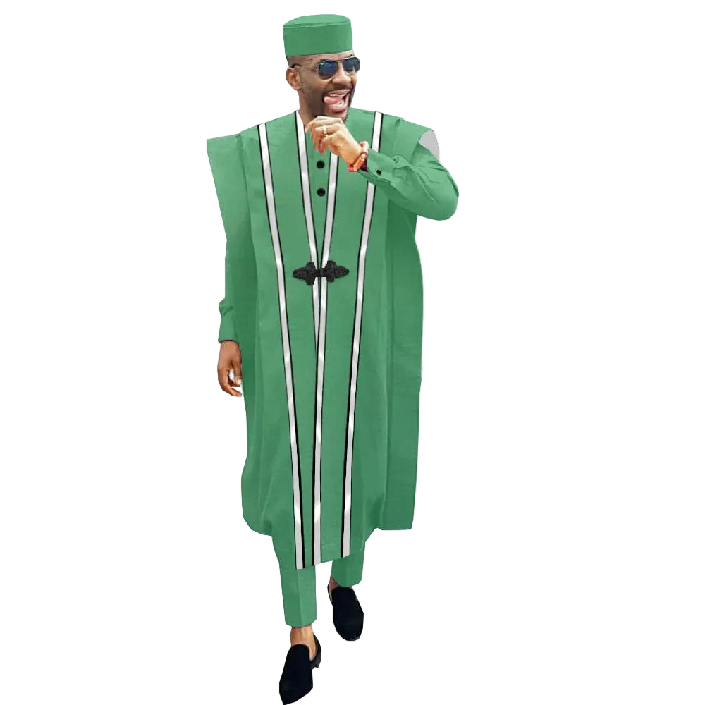 African Men Clothing Agbada Robe Dashiki Shirts Ankara Pants Tribal Hat Wedding Evening Outfits 4 Pieces AFRIPRIDE A1816011