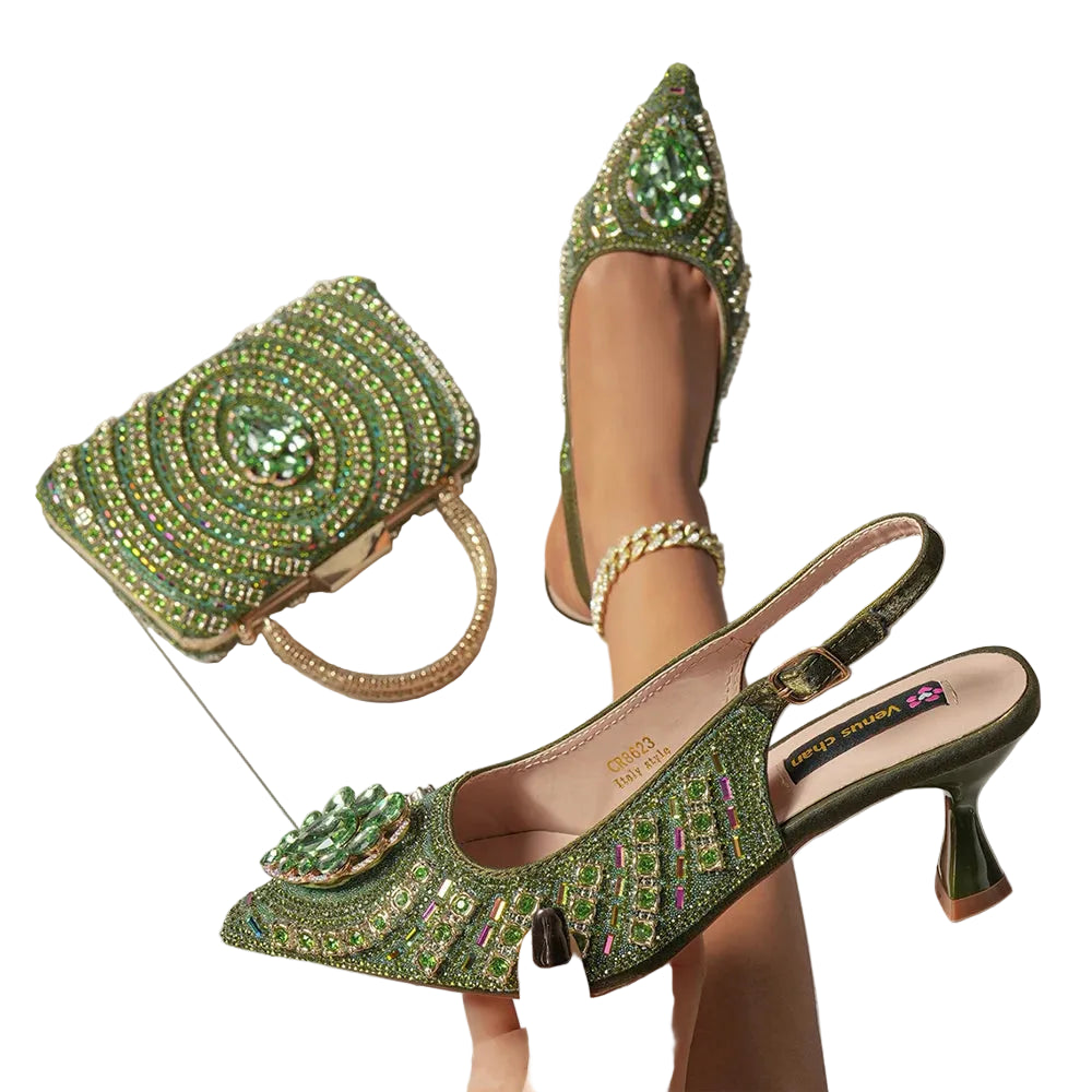 Venus Chan 2025 Elegant Rhinestone Pointed Toe Pumps With Matching Bag Set Large Size shoes Big Bag for Women's Party High Heels