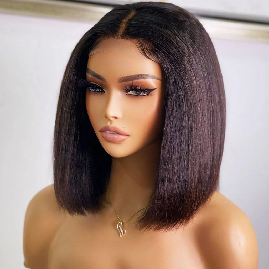 Glueless Wig Human Hair Kinky Straight Bob Wig Lace Front Human Hair Wigs For Women HD Transparent Full Lace Frontal Wig Yaki
