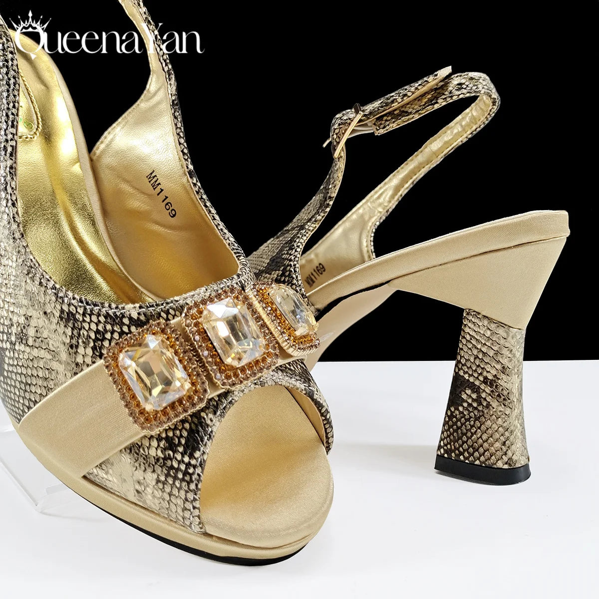 Queena Yan New Luxurious Italian Women's Party Shoes&Bag Set Elegant Golden Rhinestone  Sandals with Peep Toe High Heels Wedding