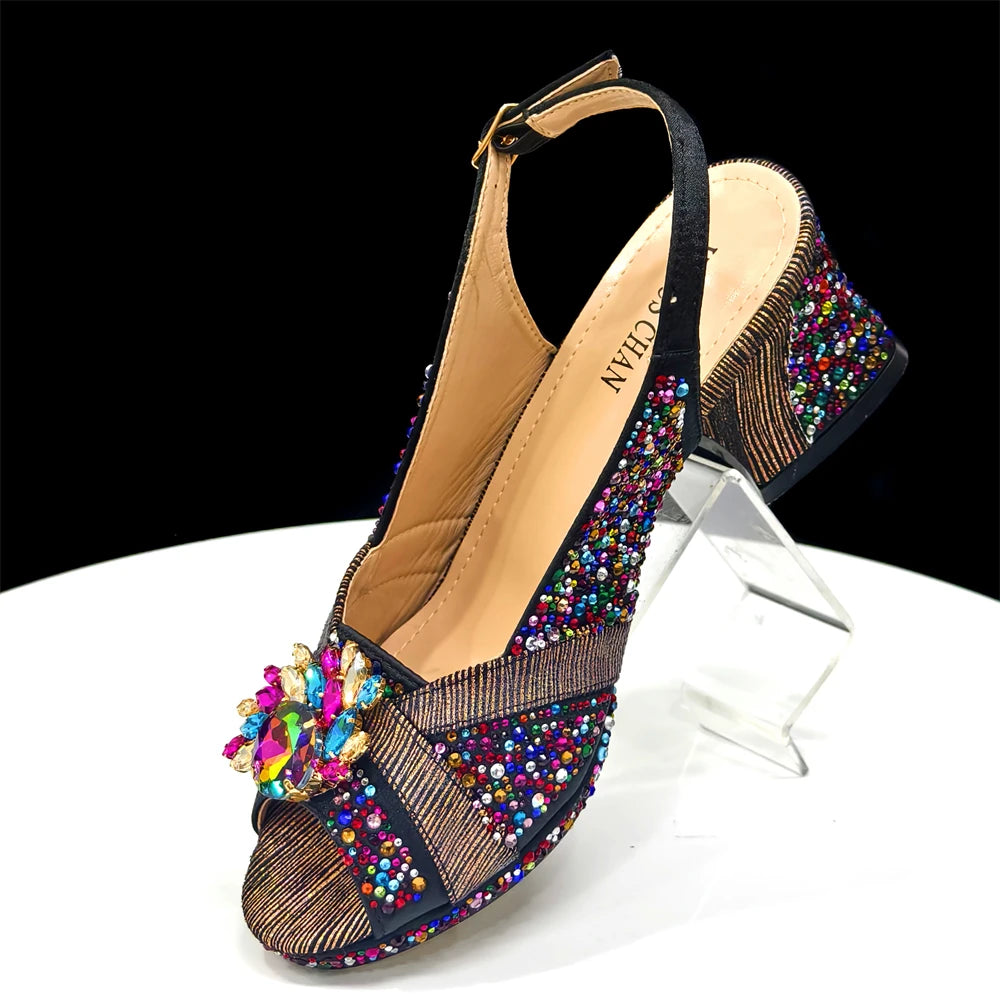 Venus Chan Elegant 2025 Gold Peep-Toe Heels with Diamond Accents - Italian Matching Pumps and Bag Set for Parties
