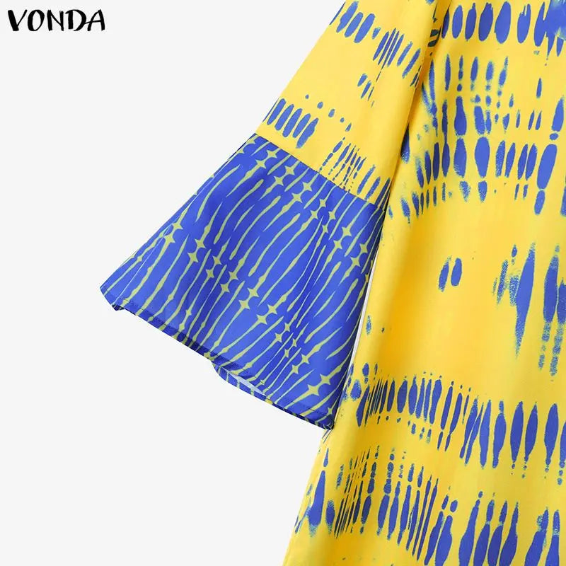 VONDA Plus Size 2PCS 5XL Women Pant Sets 3/4 Flare Sleeve Tops Long Pants Vintage Print Oversize Casual Loose 2 Piece Outfits