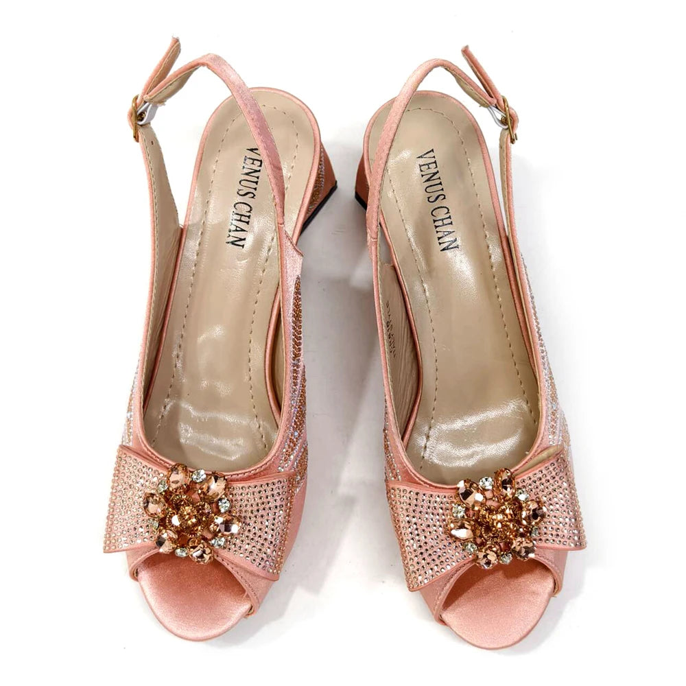 Venus Chan Italian Shoes and Bags Matching Set 2024 Peep Toe High Heels Peach Colour Bow Rhinestones Women Shoes for Party