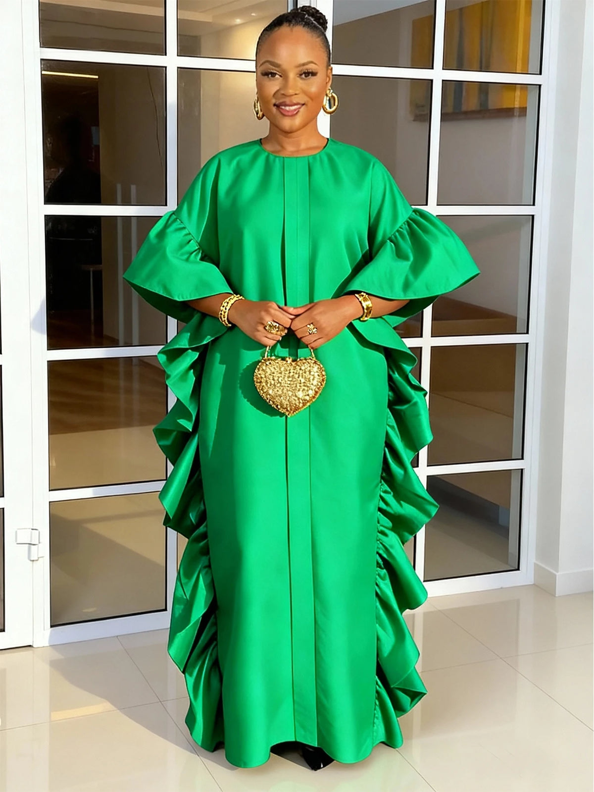 Women Shiny Bubu Dresses Kaftan Loose O Neck Ruffles Christmas Traditional Africa Party African Boubou Gowns Female Event Fall