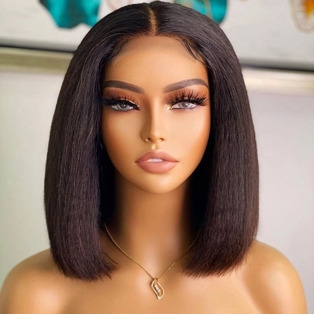 Glueless Wig Human Hair Kinky Straight Bob Wig Lace Front Human Hair Wigs For Women HD Transparent Full Lace Frontal Wig Yaki