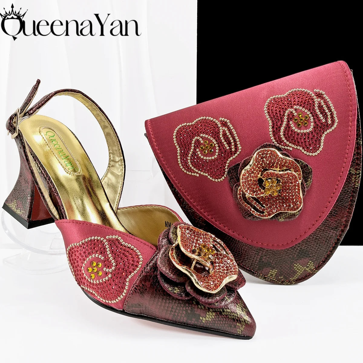 Queena Yan 2025 Elegant Lilac Color Women's Heels Handbag Set Rhinestone Embellished Designer Shoes for Weddings Special Events