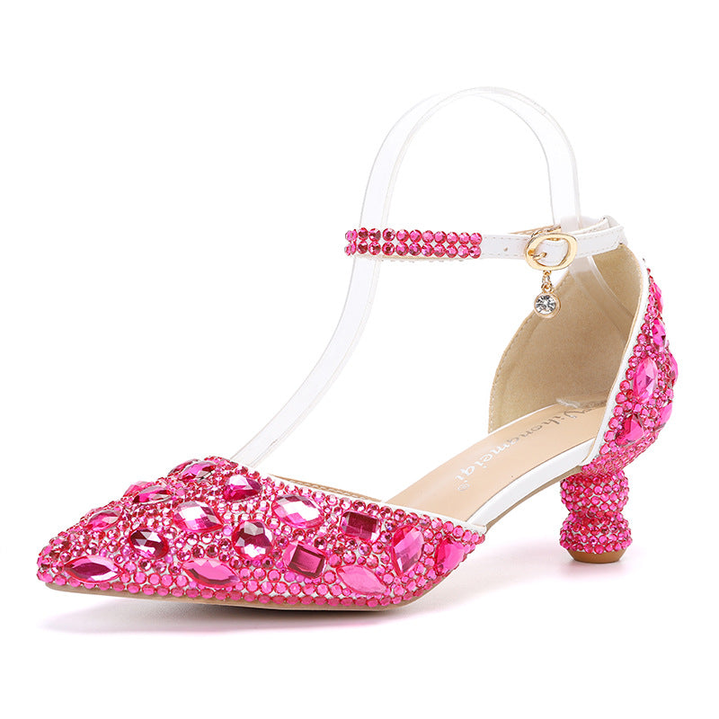 New 5cm Rhinestone shoes buckle round heel blue pointed Crystal Wedding sandals social dance Prom shoes Latin  shoes size 35-43