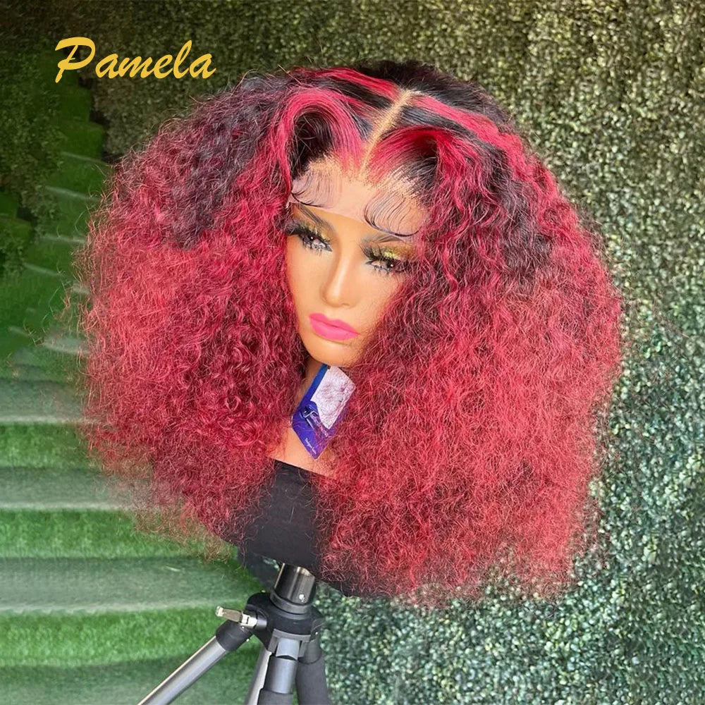 300% Density Kinky Curly Ombre 1B/Red Colored 13x4 Transparent Lace Frontal Glueless Wigs Human Hair PrePlucked Ready To Wear