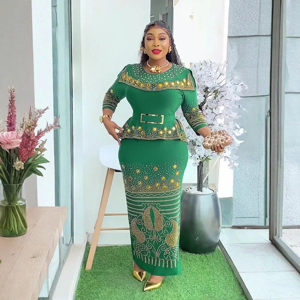 African Party Dresses for Women Elegant Turkey Muslim Wedding Evening Gown Plus Size Dashiki Diamond Bodycon Maxi Long Dress New