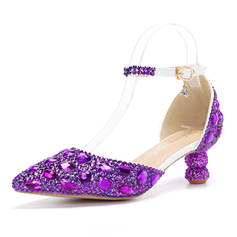 New 5cm Rhinestone shoes buckle round heel blue pointed Crystal Wedding sandals social dance Prom shoes Latin  shoes size 35-43